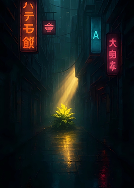 Neon Alleyway with a highlighted Plant
