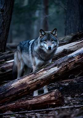 Wolf standing on fallen logs