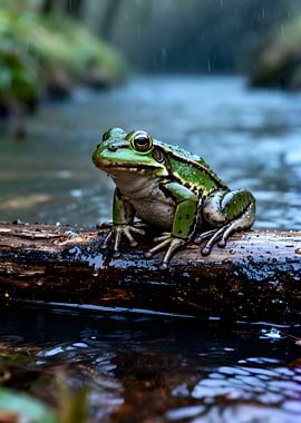 Frog on a log in the rain