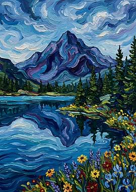 Impressionist Mountain Lake Landscape