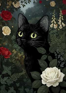 Black Cat in a Moonlit Garden