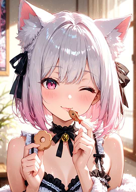 Anime Cat Girl with Cookie and Fish Cracker