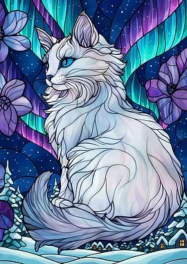 White Cat Under Aurora Borealis