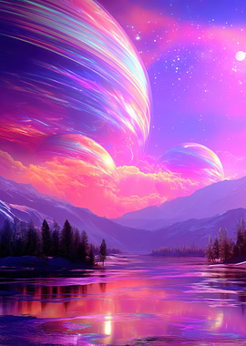 Alien Planet Landscape with Colorful Sky