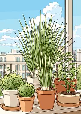 Potted plants on a balcony overlooking city