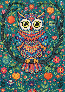 Colorful Owl in a Floral Tree