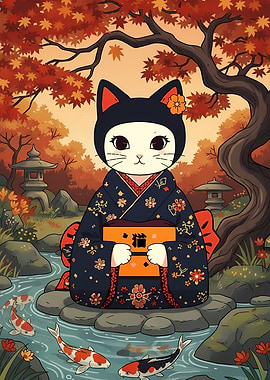 Cat in Kimono by Koi Pond