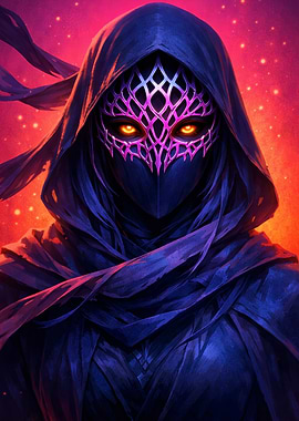 Mysterious hooded figure with glowing eyes