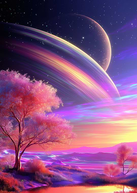 Alien Planet Landscape with Rings