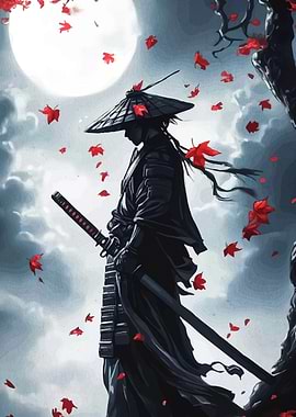 Samurai Warrior Under the Moon