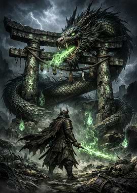 Samurai vs Dragon at Torii Gate