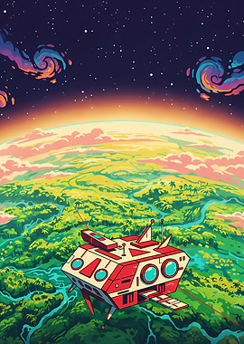 Retro Spaceship Over a colorful planet
