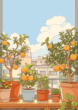 Potted Orange Trees on a Balcony
