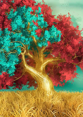 Surreal Tree with Red and Teal Leaves