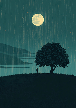 Lone figure under a full moon in the rain