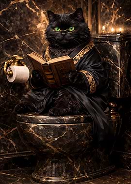 Chubby Black Cat Reading Book on Toilet Bathroom Art