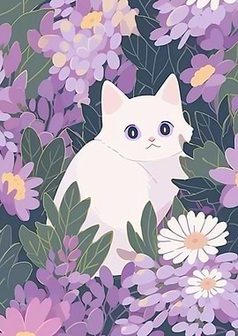White Cat Among Purple Flowers