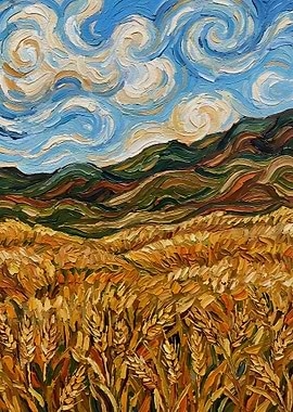 Wheat Field Under Swirling Sky