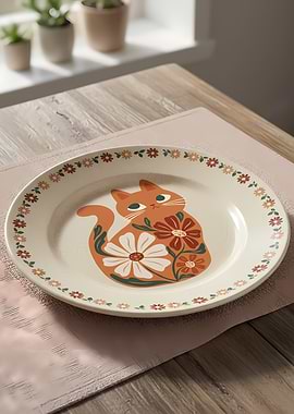 Orange Cat Plate with Floral Border