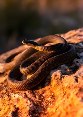 Snake coiled on a rock at sunset