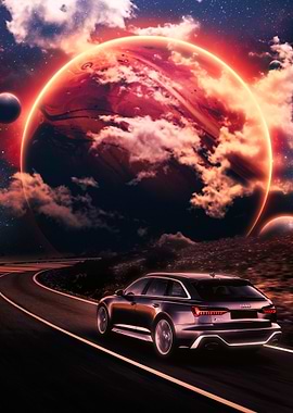 Car driving on a road with planets