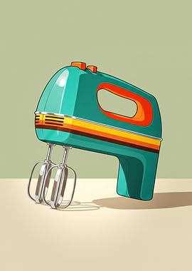 Mid Century Retro Hand Mixer Art - 70s Striped Appliance Poster - Vintage Teal Orange Kitchen Wall Decor