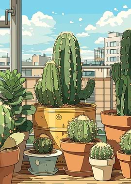 Potted Cacti on a Balcony
