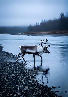 Reindeer walking in shallow water