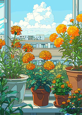 Orange Marigolds on a Balcony
