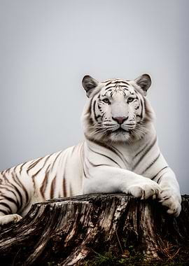 White Tiger on a Tree Stump