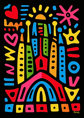 Colorful Abstract Cityscape with Symbols