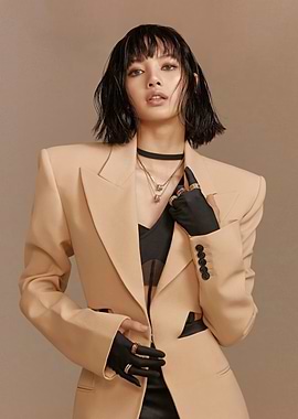 Lisa in a beige blazer and black gloves