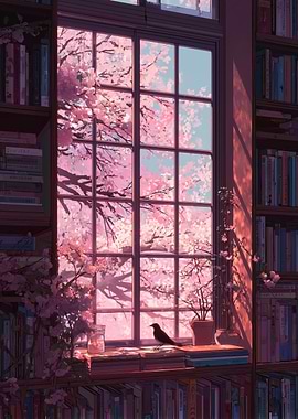 Anime Library Window with Cherry Blossoms
