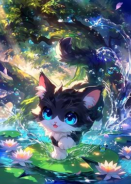 Cute Kitten on Lily Pads