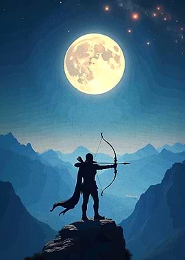 Archer silhouetted against a full moon
