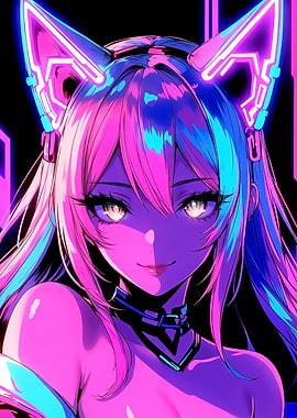 Anime Neon Cat Girl Portrait