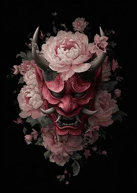 Japanese Oni Mask with Pink Peonies