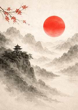 Misty Mountains with Red Sun and Pagoda