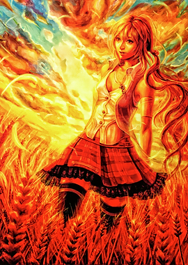 Fiery Anime Girl in Wheat Field