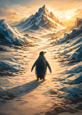 Lone Penguin in Snowy Mountain Landscape