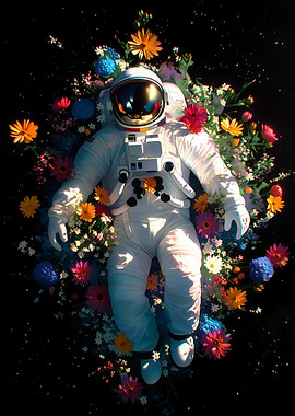 Astronaut surrounded by flowers in space