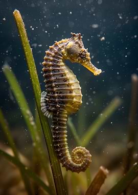 Seahorse clinging to seagrass