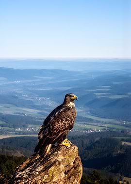 Eagle perched on a rock overlooking a valley