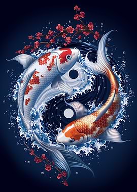 Yin Yang Koi Fish and Cherry Blossoms