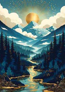 Golden Sun Over Mountain River Valley