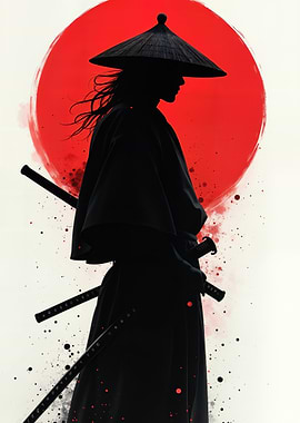 Samurai Silhouette Against Red Sun