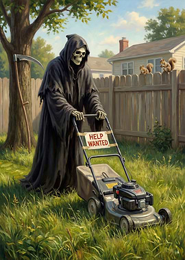 Grim Reaper Mowing Lawn