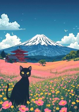 Black Cat in a Field of Flowers with Mt. Fuji
