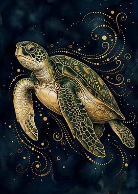 Golden Sea Turtle in Dark Water