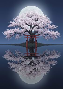 Cherry Blossom Tree and Torii Gate Reflection
